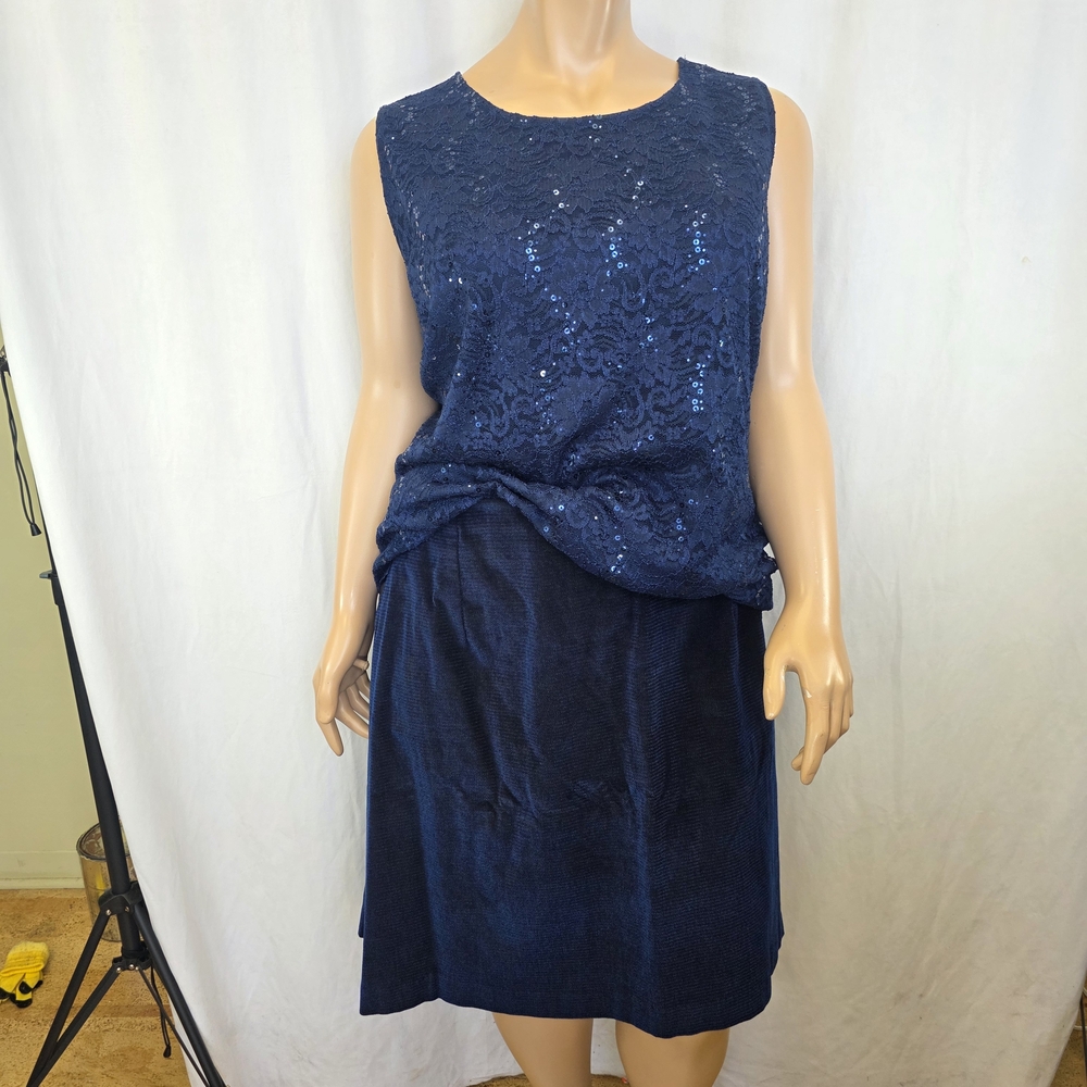 Catherines/Ellerman Deep Blue Lace Top with Sequins And Corduroy Skirt Outfit